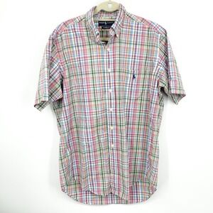 Ralph Lauren Men Size Medium Shirt Short Sleeve Top Classic Fit White Blue Plaid